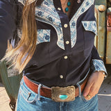 John Wayne Western Pearl Snap Button Up Top In Denim Blue