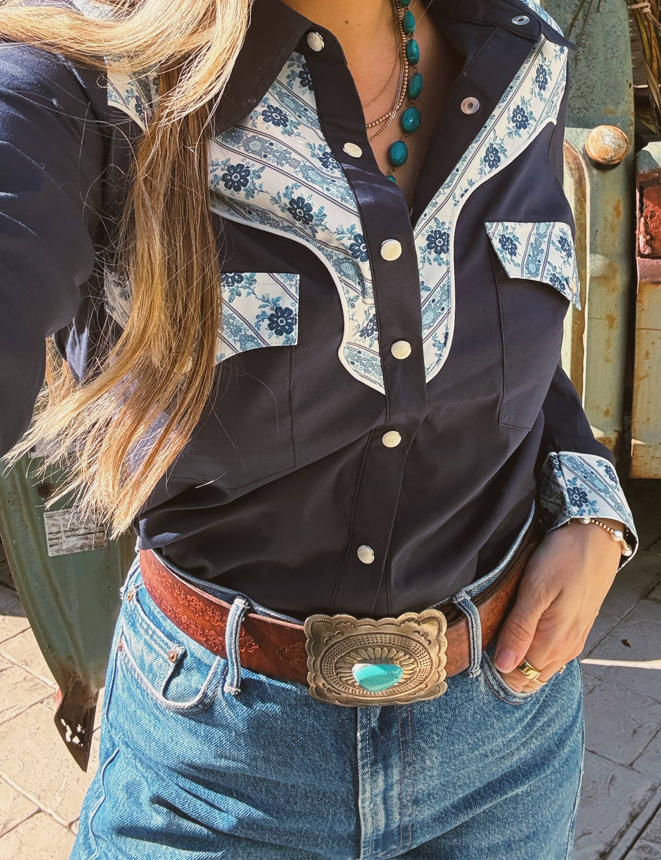 John Wayne Western Pearl Snap Button Up Top In Denim Blue