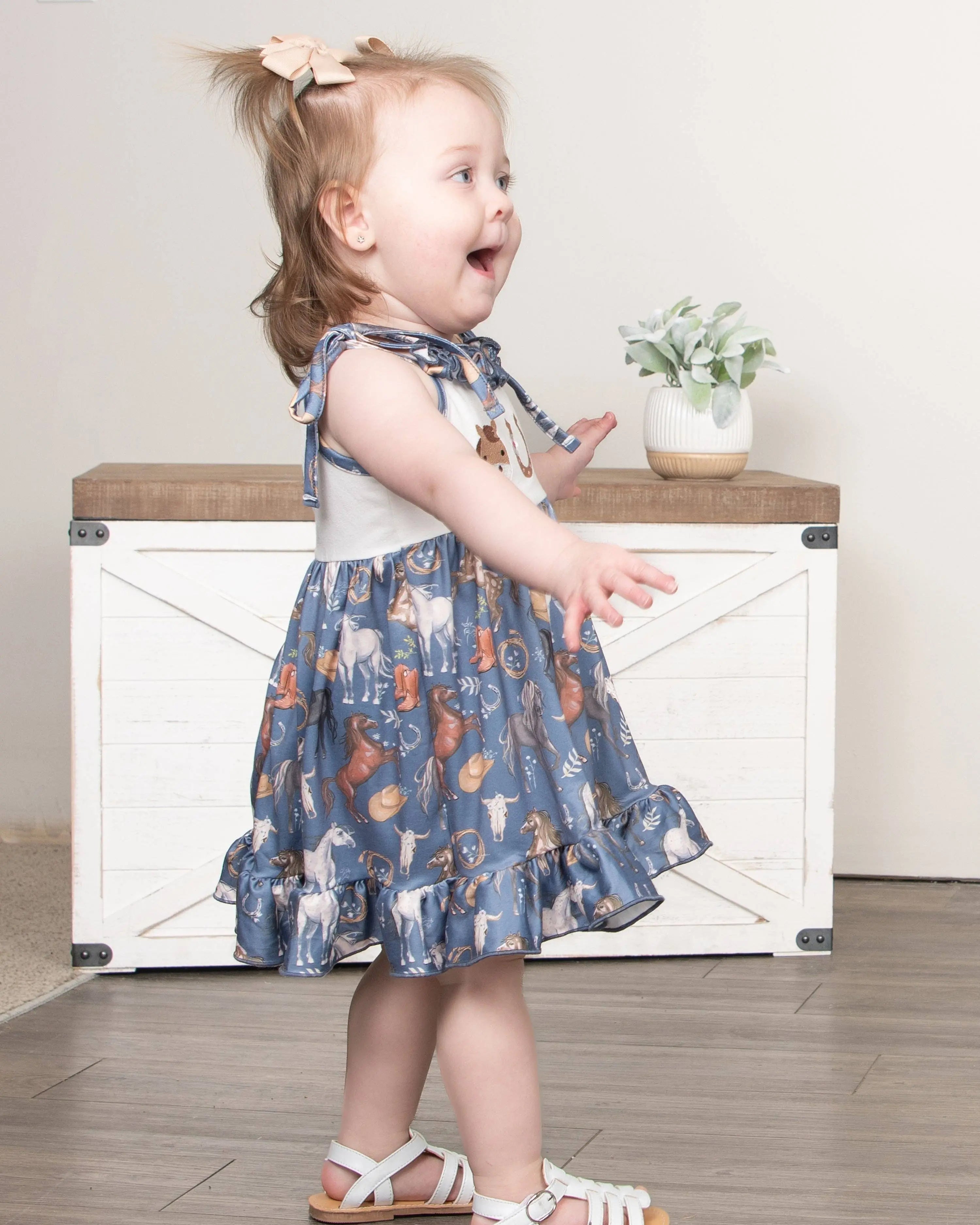 Steel Blue Horse Embroidered Ruffle Dress Marie Nicole Clothing