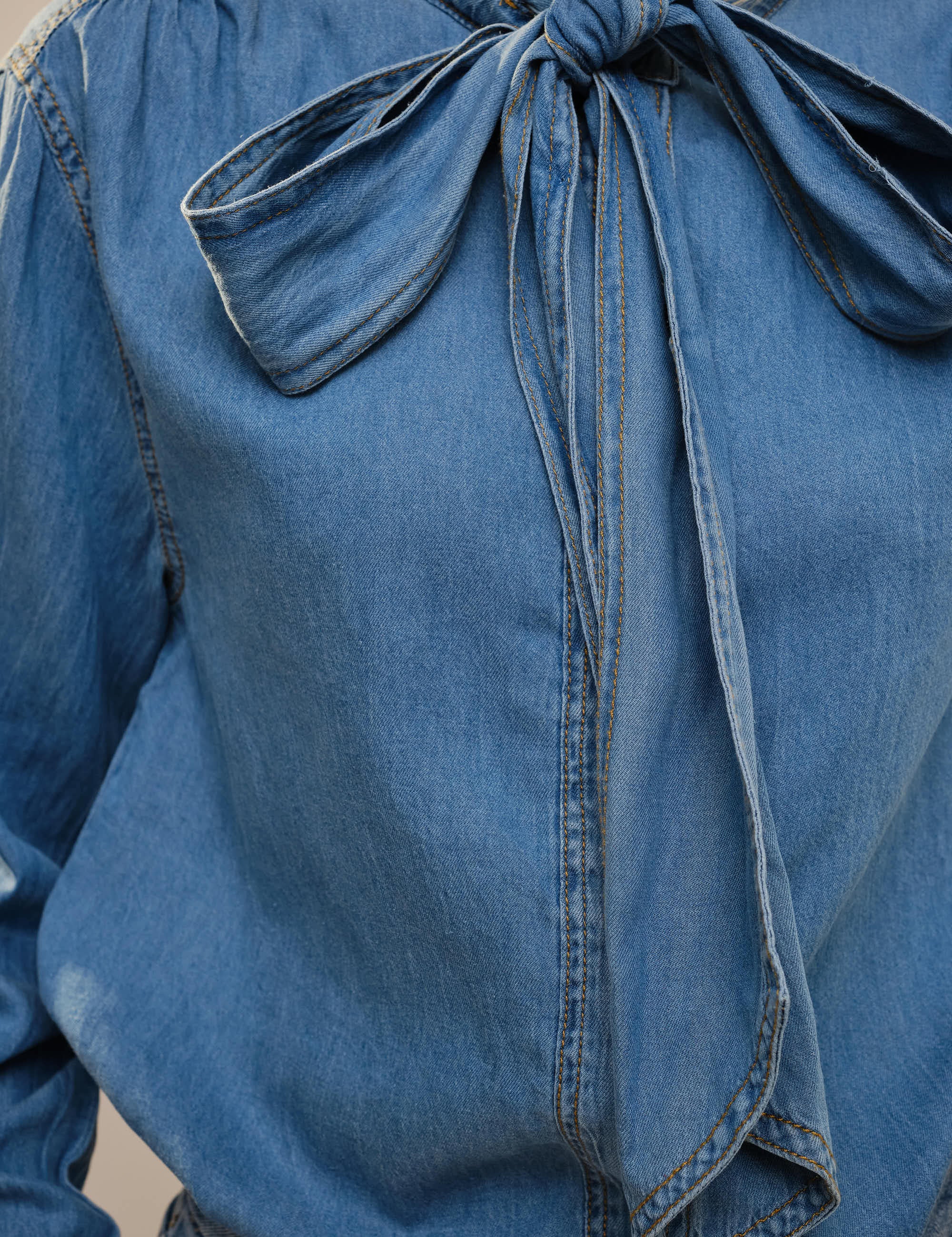 Tie Neck Chambray Blouse L