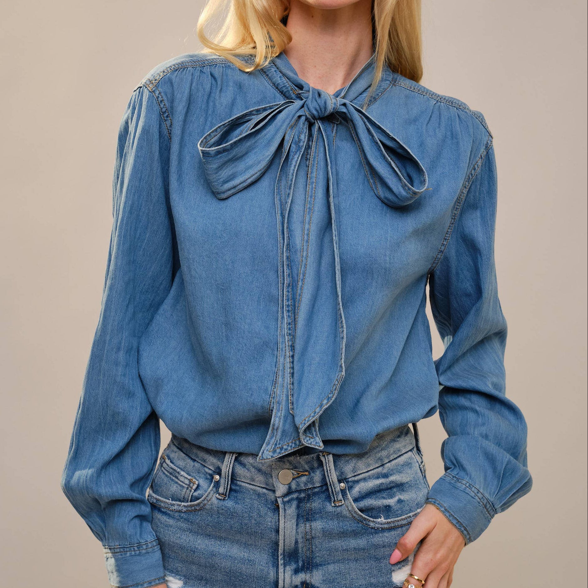 Tie Neck Chambray Blouse S