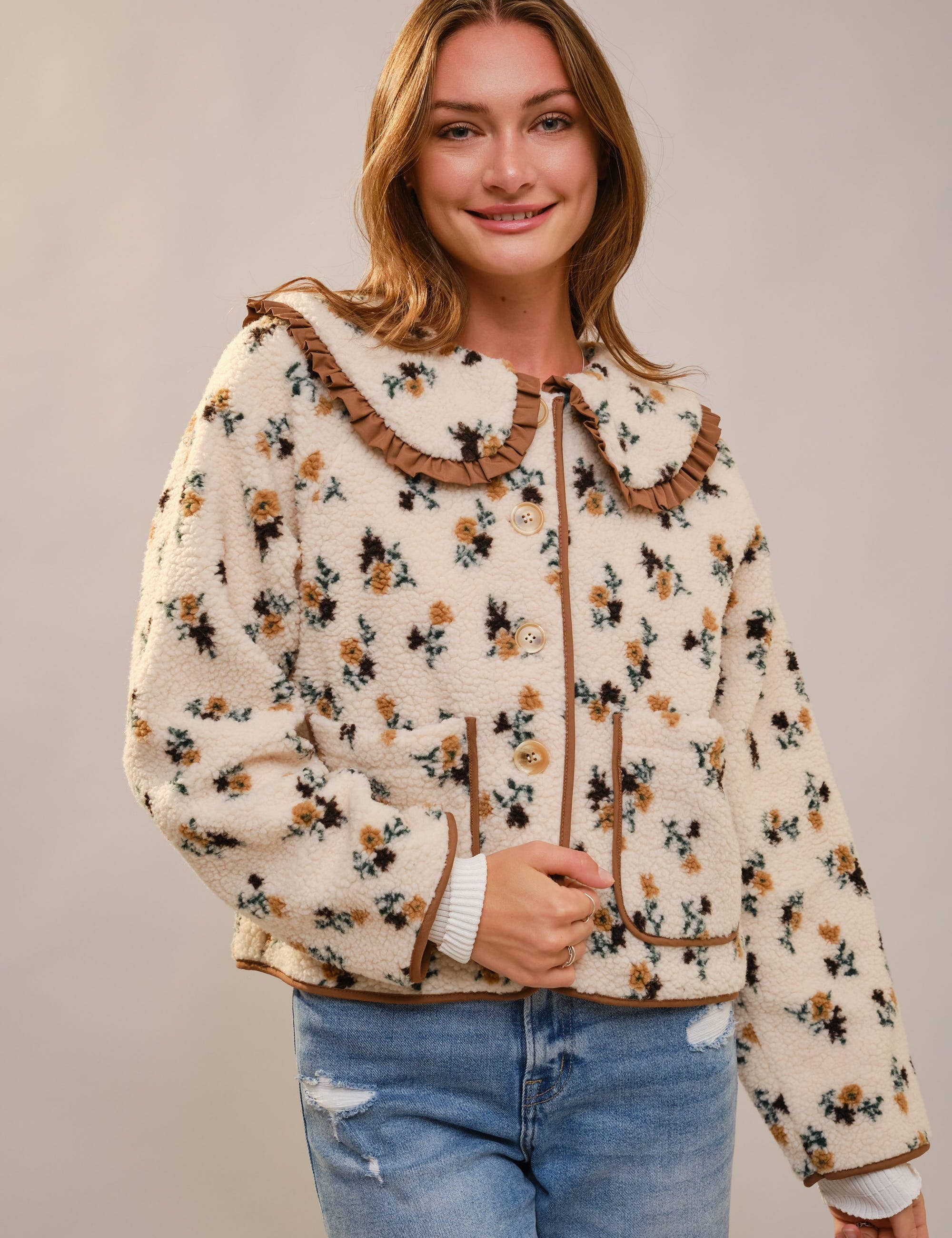 Floral Ruffle Western Sherpa Jacket L
