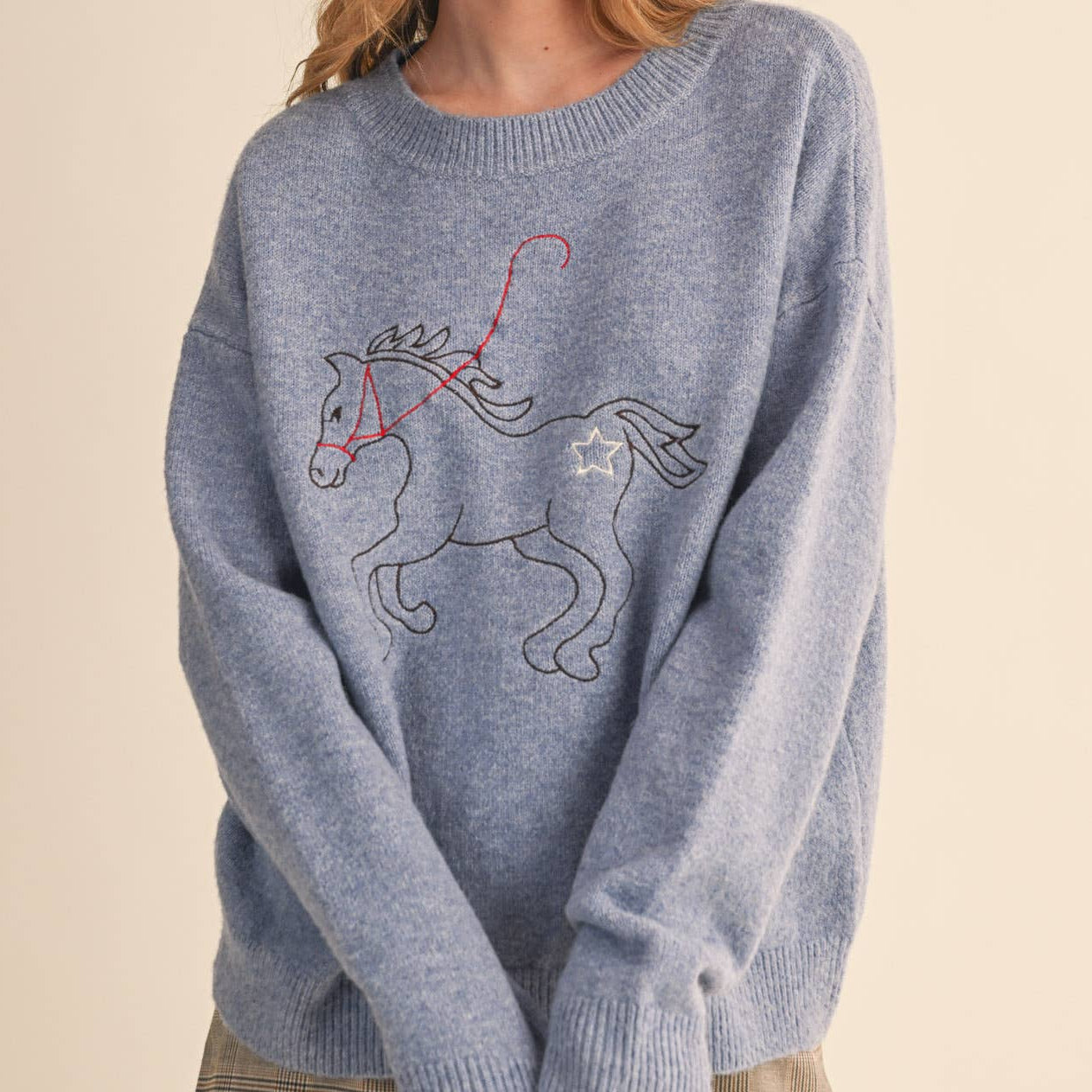 Dusty Blue Horse Sweater L