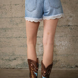 Lace Hem Light Wash Denim Shorts