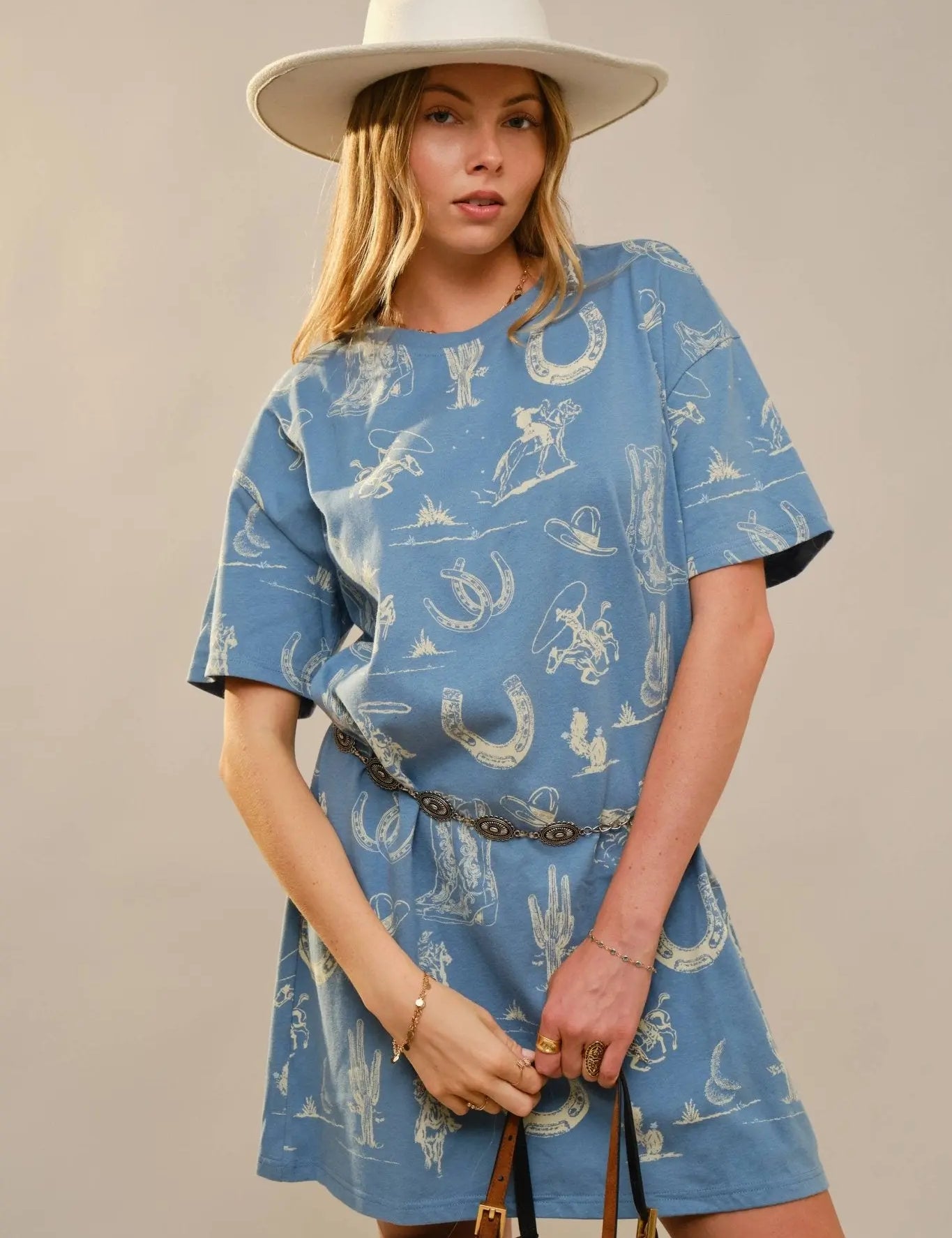 Blue Western Motif Cotton T-Shirt Dress - Bridle Up Hope Shop