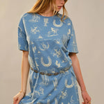Blue Western Motif Cotton T-Shirt Dress - Bridle Up Hope Shop