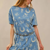 Blue Western Motif Cotton T-Shirt Dress - Bridle Up Hope Shop