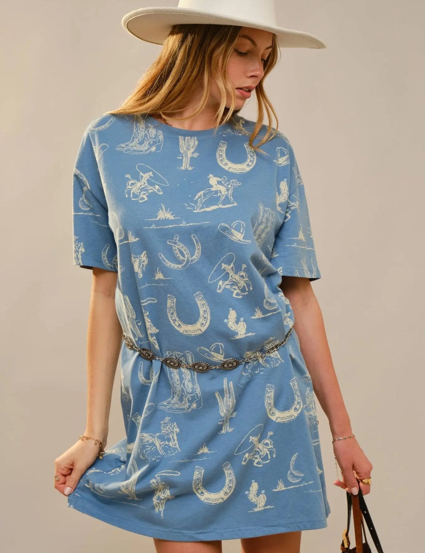 Blue Western Motif Cotton T-Shirt Dress - Bridle Up Hope Shop