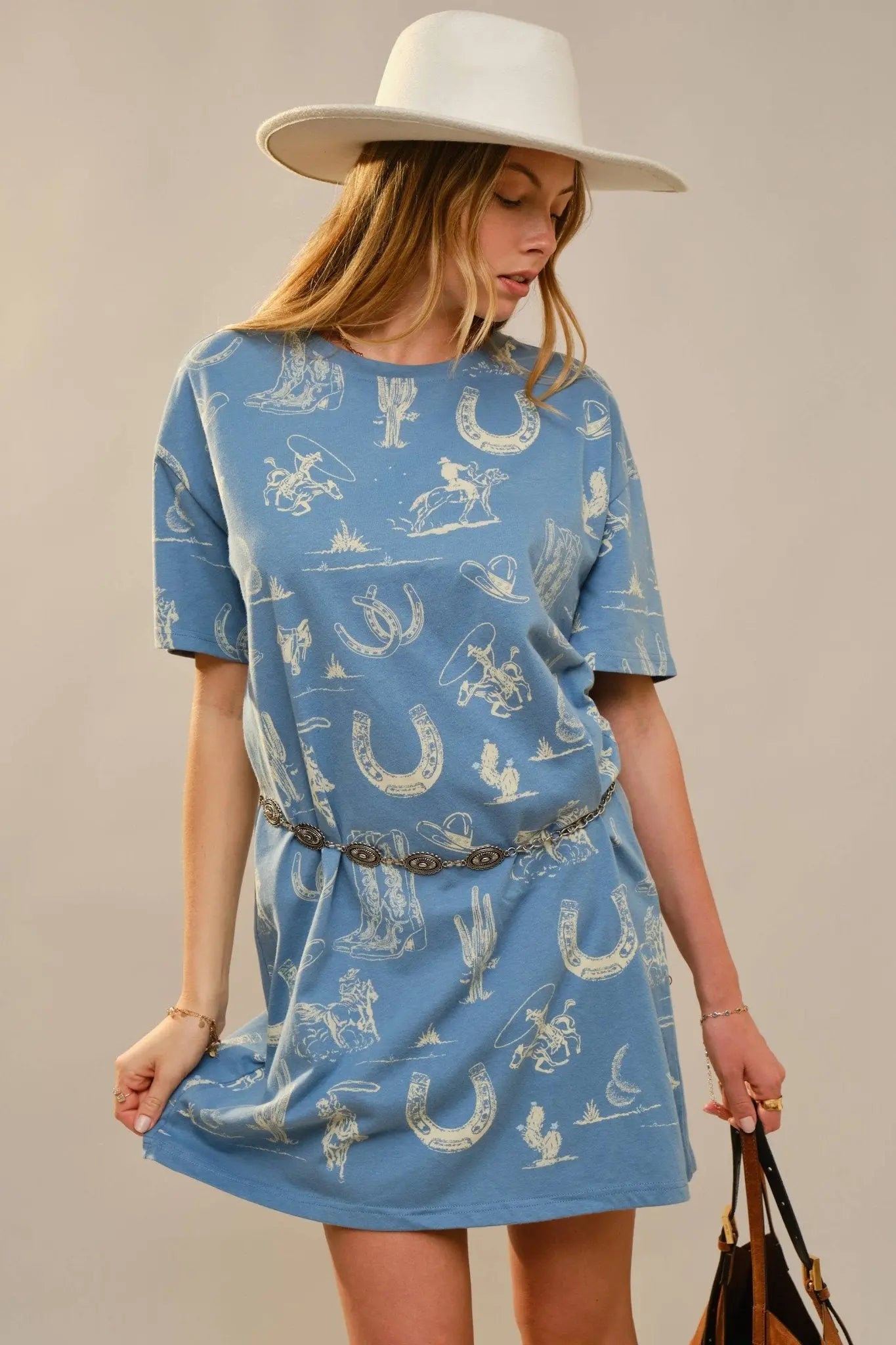 Blue Western Motif Cotton T-Shirt Dress - Bridle Up Hope Shop