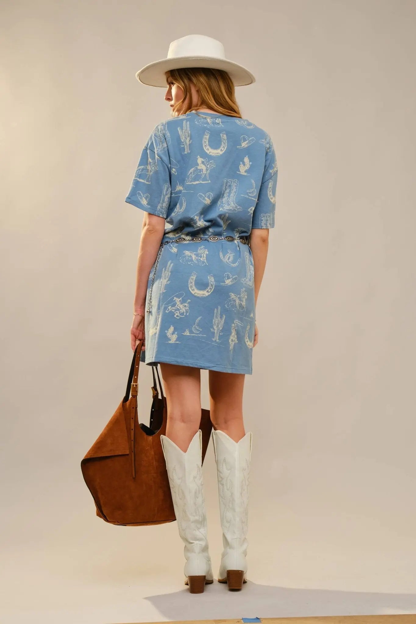 Blue Western Motif Cotton T-Shirt Dress - Bridle Up Hope Shop