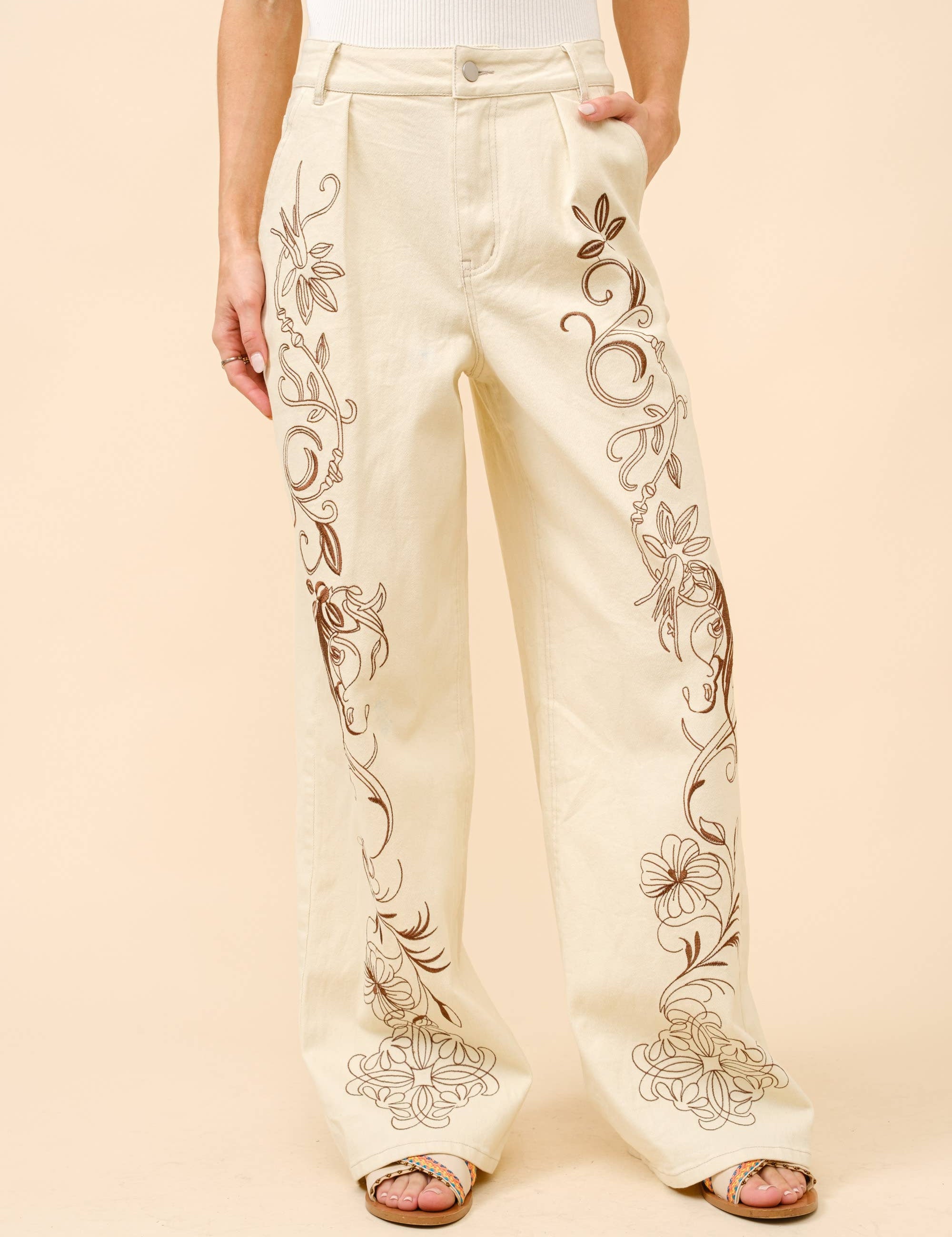 Embroidered Twill Mid Rise Loose Jeans L
