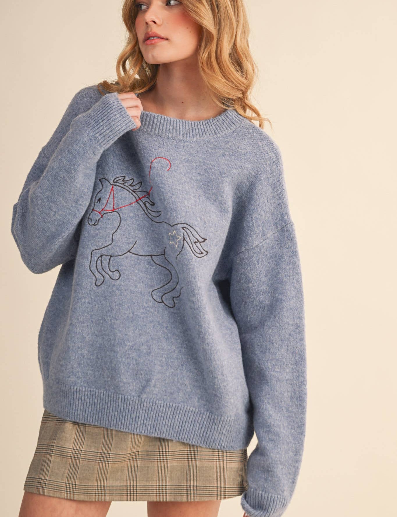 Dusty Blue Horse Sweater