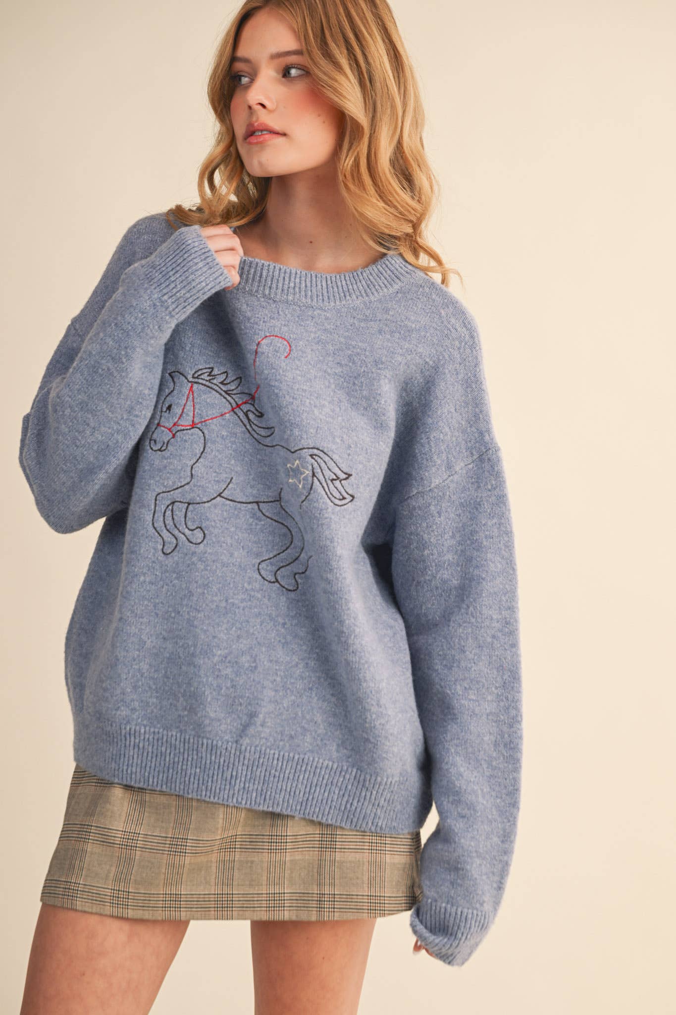 Dusty Blue Horse Sweater