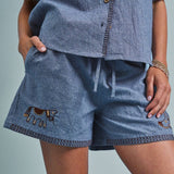 Western Boot Embroidered Drawstring Shorts