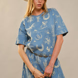 Blue Western Motif Cotton T-Shirt Dress