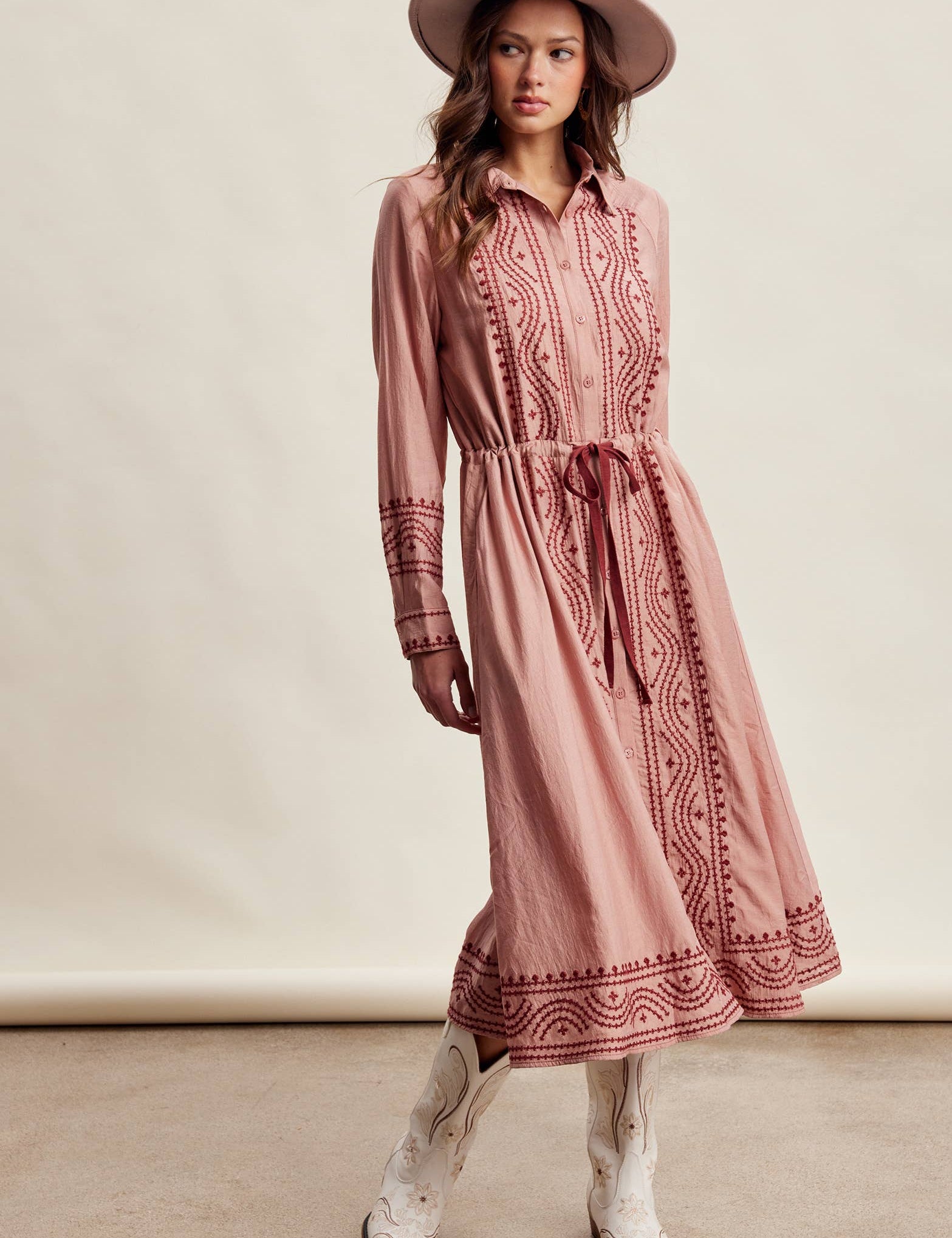 Cowgirl Embroidered Dress in Dusty Rose