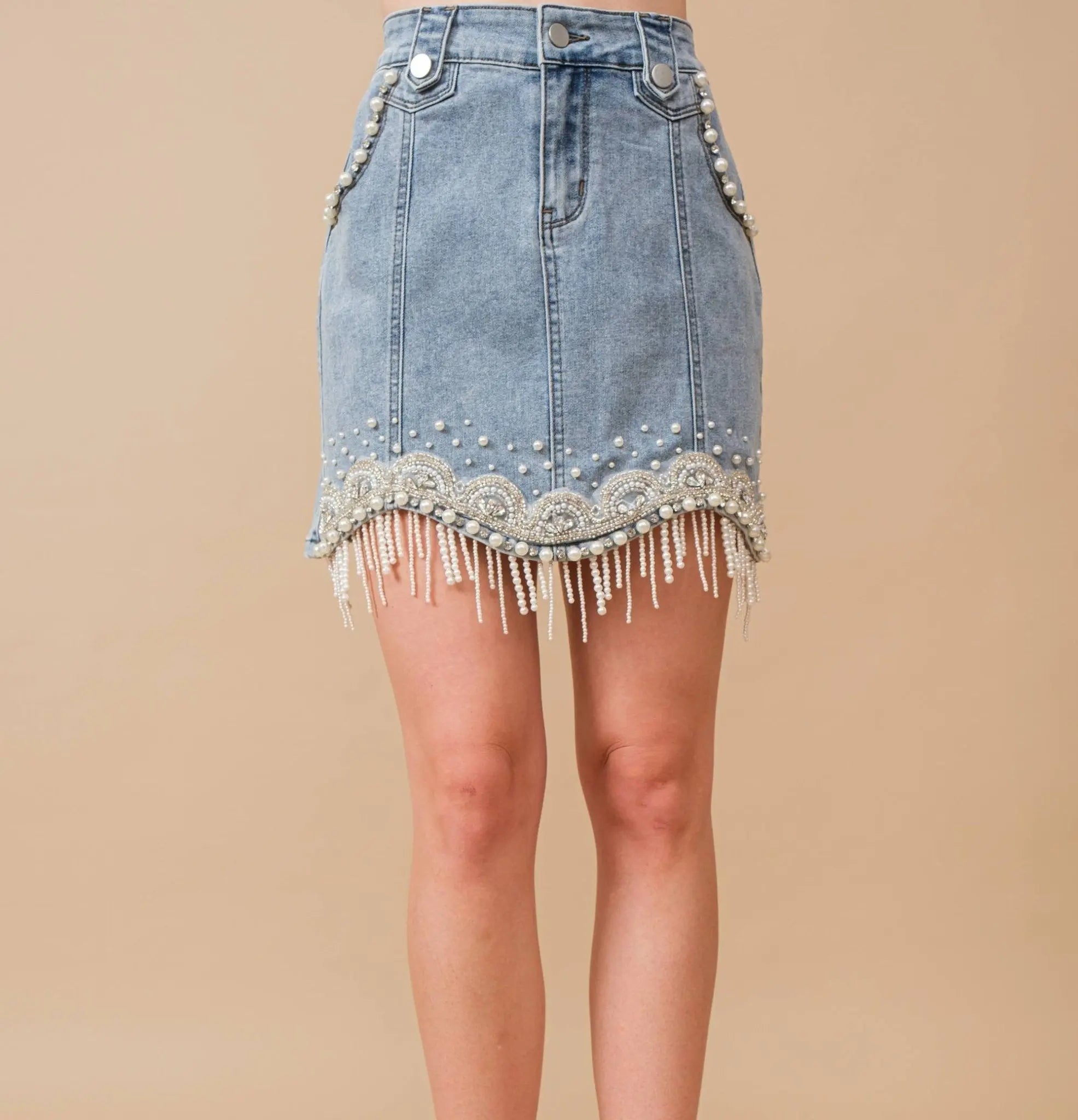 Denim Embellished Pearl Mini Skirt - Bridle Up Hope Shop