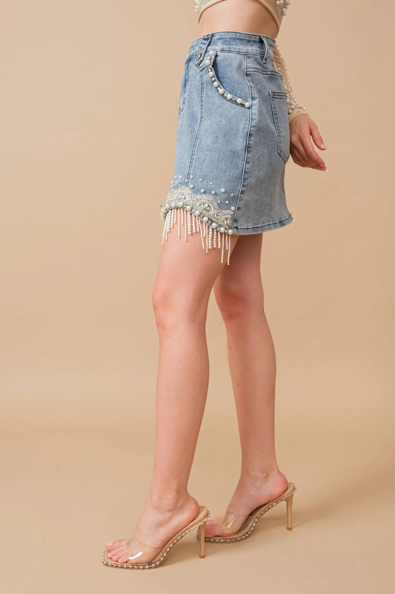 Denim Embellished Pearl Mini Skirt - Bridle Up Hope Shop