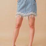 Denim Embellished Pearl Mini Skirt - Bridle Up Hope Shop
