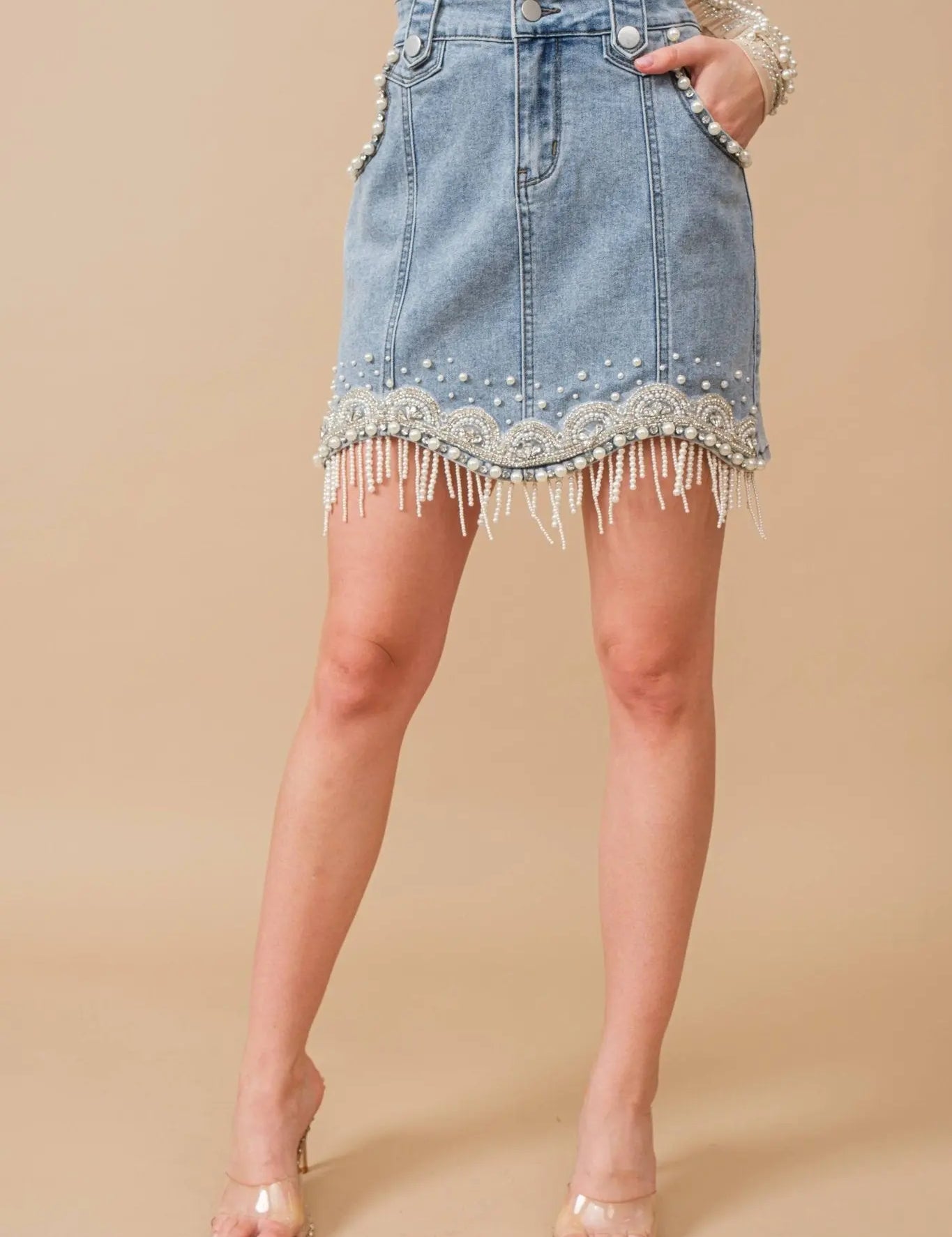 Denim Embellished Pearl Mini Skirt - Bridle Up Hope Shop