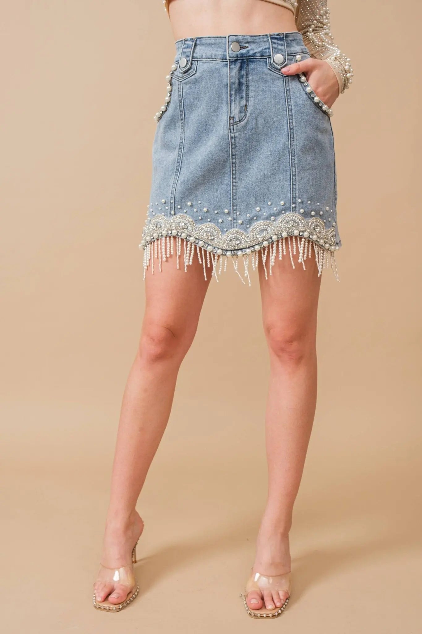 Denim Embellished Pearl Mini Skirt - Bridle Up Hope Shop