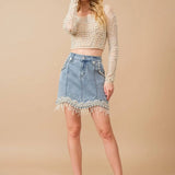 Denim Embellished Pearl Mini Skirt - Bridle Up Hope Shop