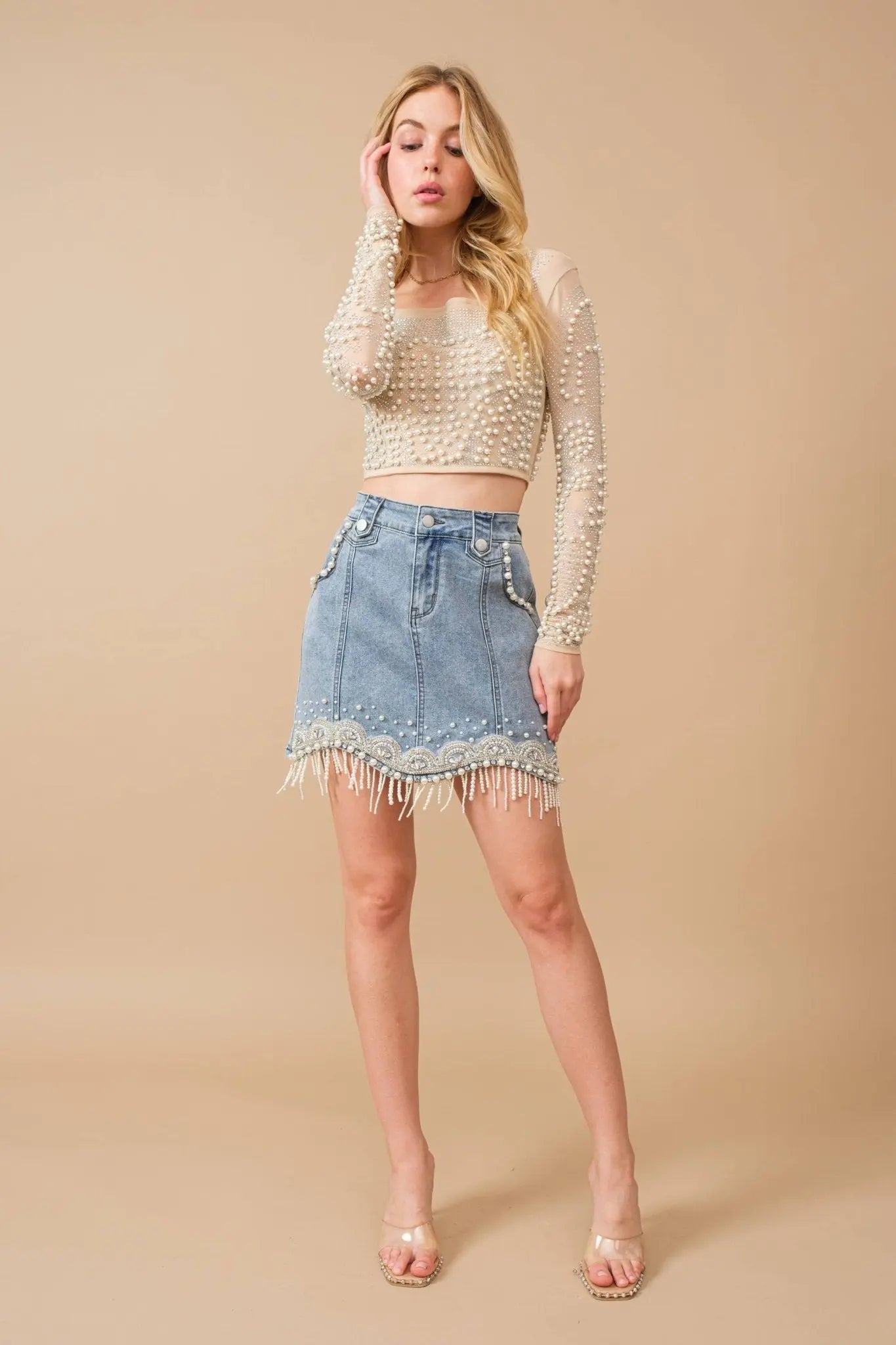 Denim Embellished Pearl Mini Skirt - Bridle Up Hope Shop