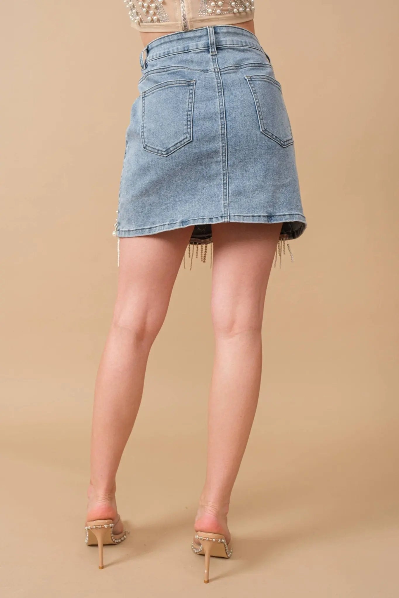 Denim Embellished Pearl Mini Skirt - Bridle Up Hope Shop