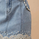 Denim Embellished Pearl Mini Skirt - Bridle Up Hope Shop