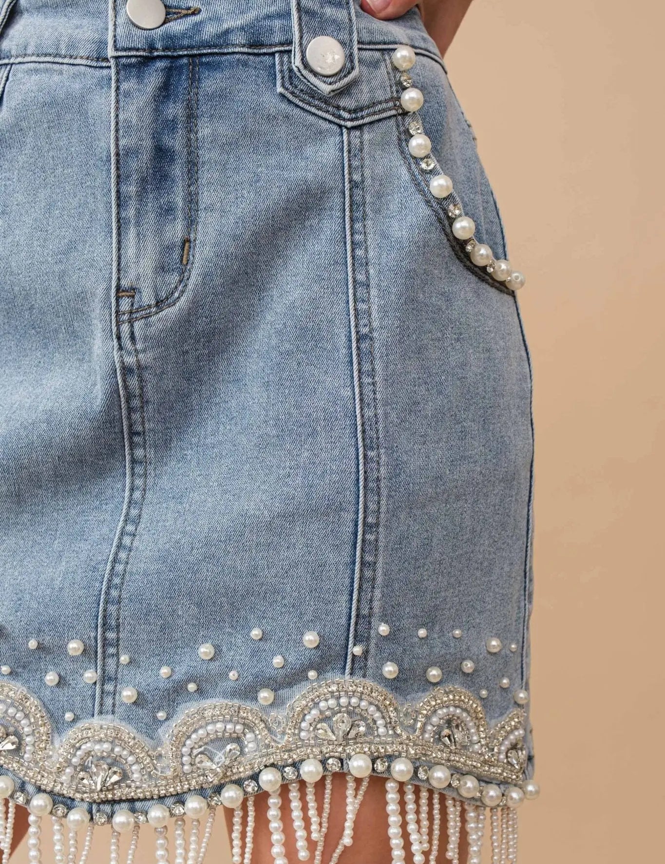 Denim Embellished Pearl Mini Skirt - Bridle Up Hope Shop