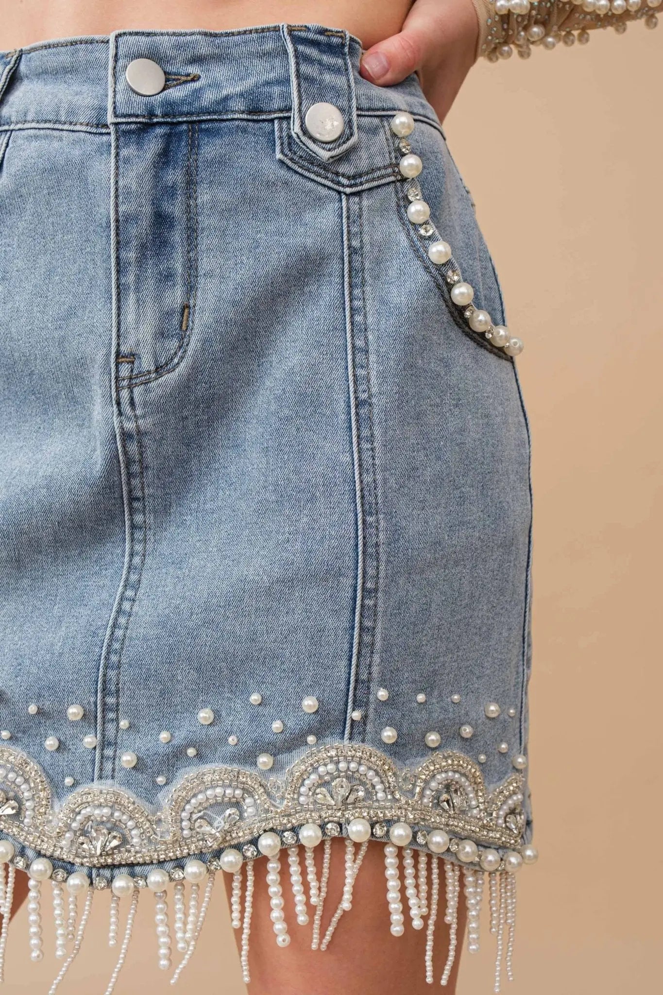 Denim Embellished Pearl Mini Skirt - Bridle Up Hope Shop