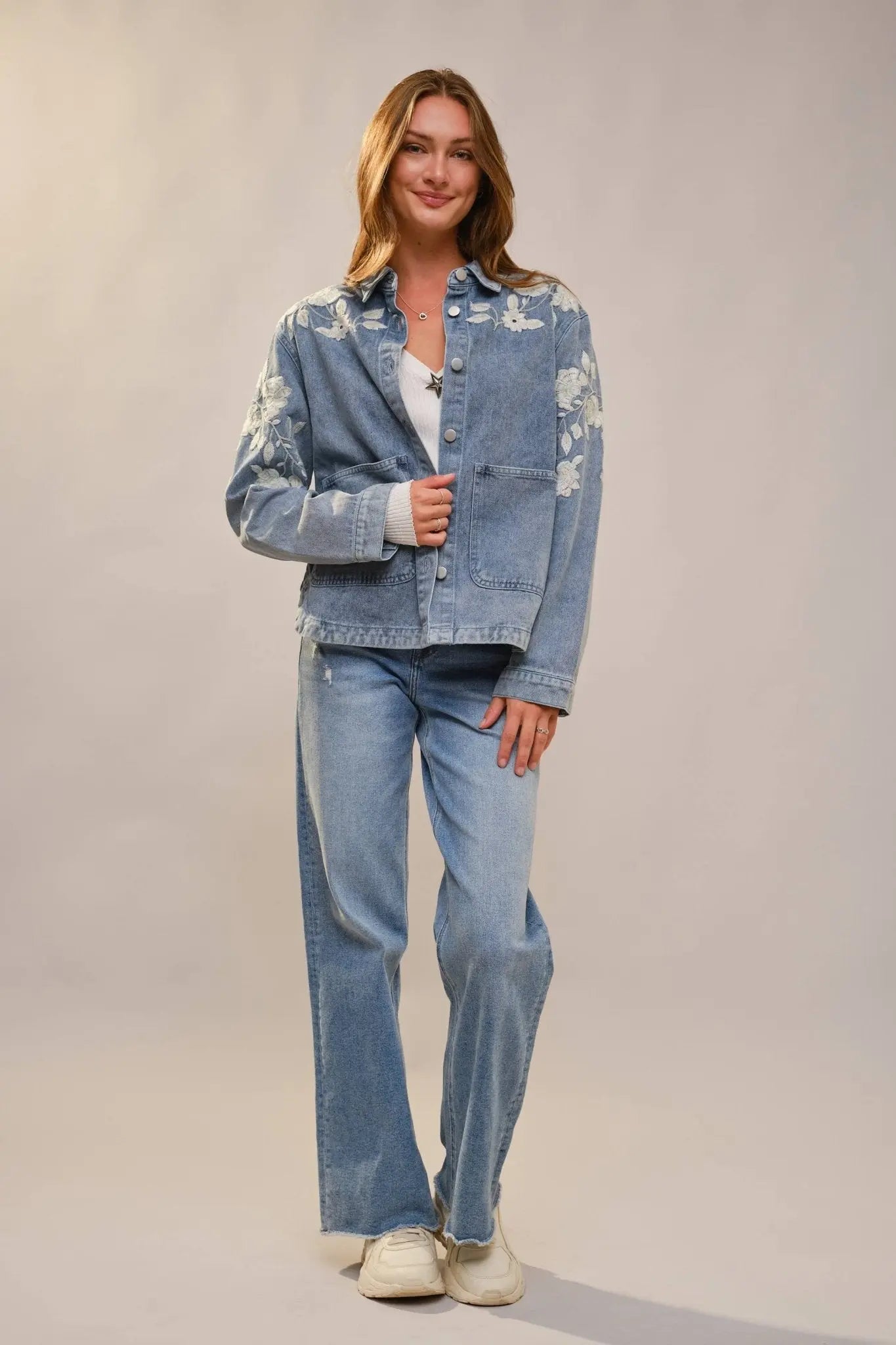 Denim Floral Work Jacket - Bridle Up Hope Shop