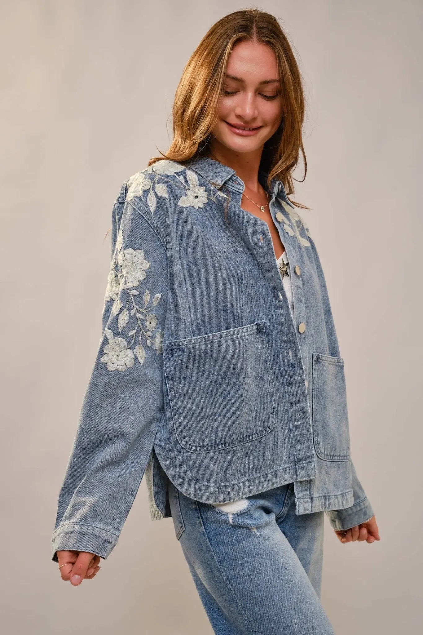 Denim Floral Work Jacket - Bridle Up Hope Shop