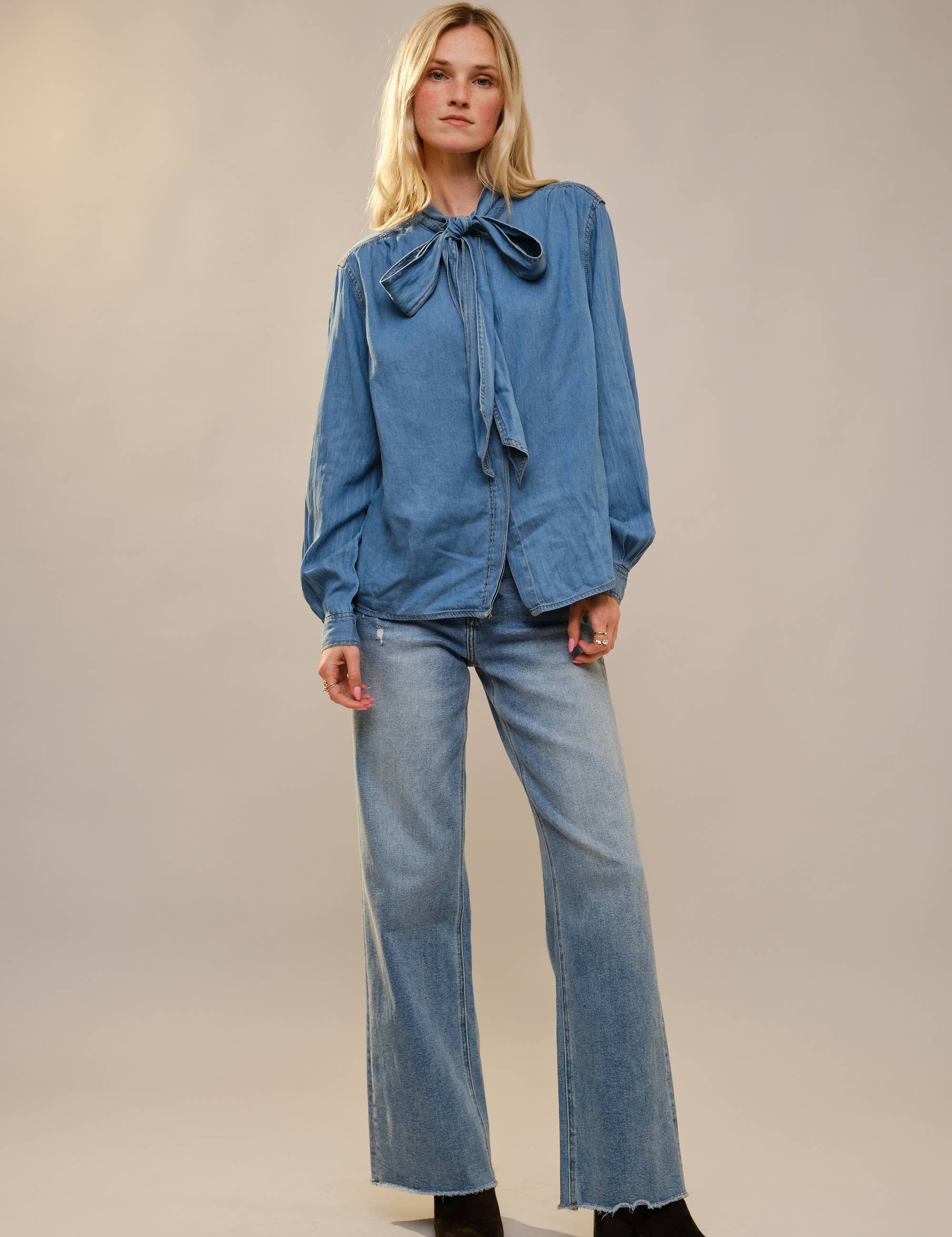 Tie Neck Chambray Blouse