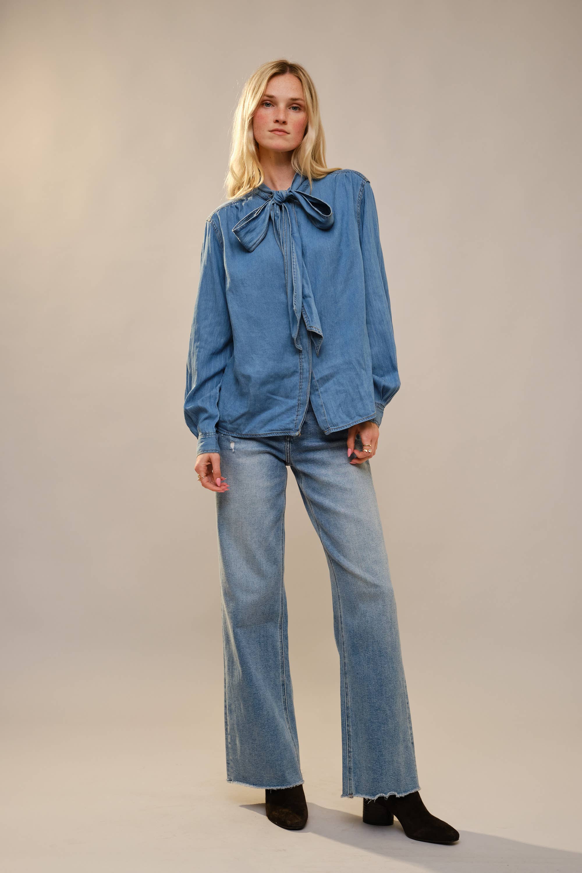 Tie Neck Chambray Blouse