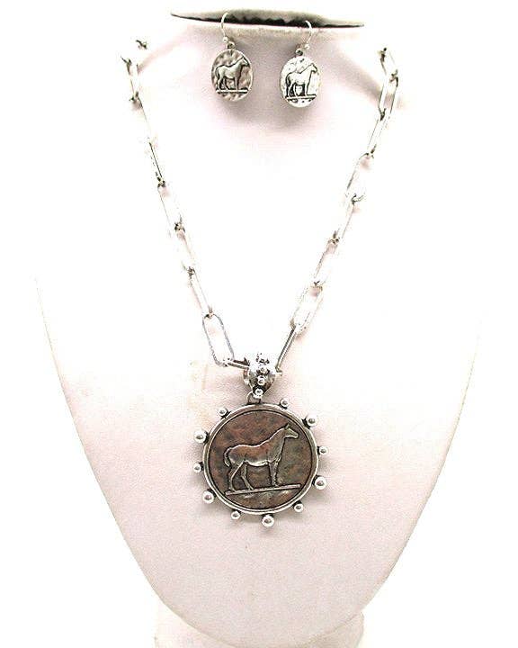 Equestrian Coin Necklace + Earrings Set
