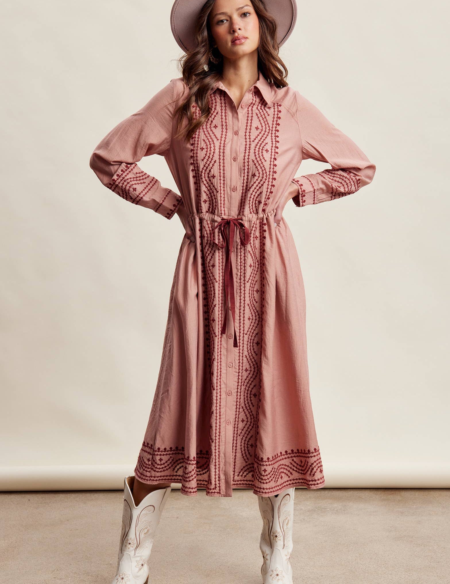 Cowgirl Embroidered Dress in Dusty Rose