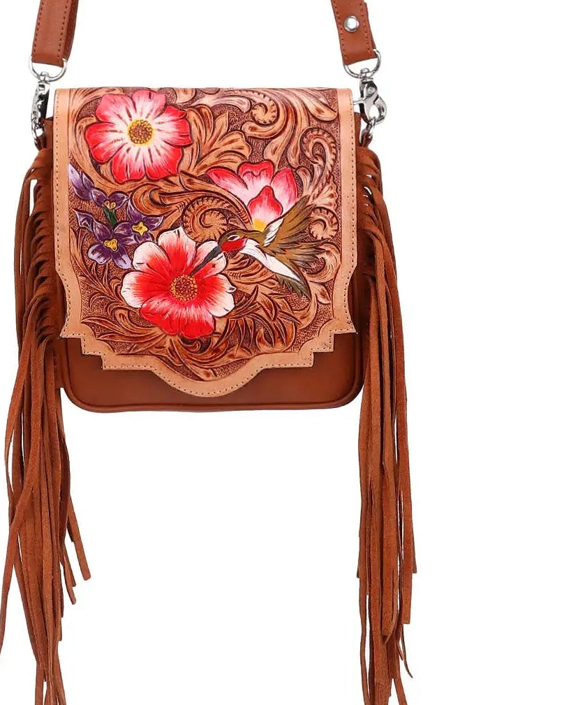 Leather Cowhide Western Hand Tooled Women Small Crossbody: Rustic Tan Floral with Bird Tooling Sixtease Bags USA