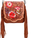 Leather Cowhide Western Hand Tooled Women Small Crossbody: Rustic Tan Floral with Bird Tooling Sixtease Bags USA