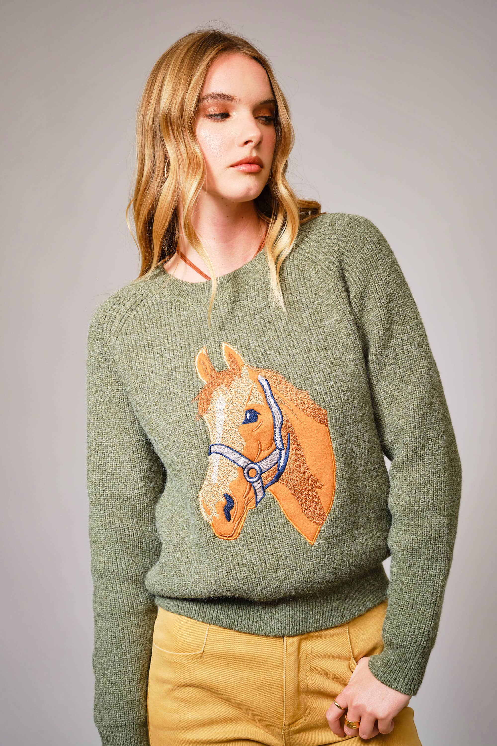 olive horse embroidered sweater