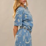 Blue Western Motif Cotton T-Shirt Dress