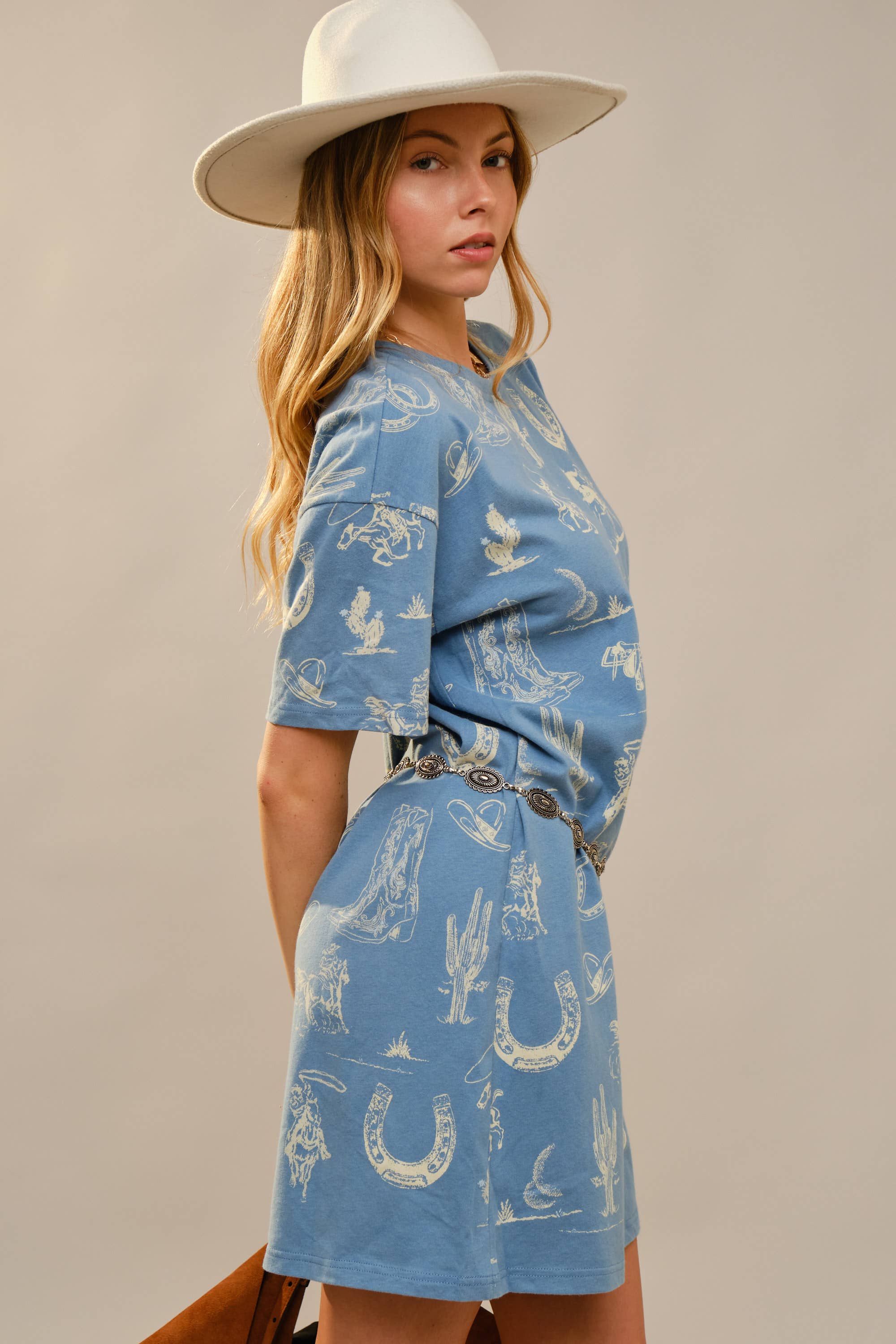 Blue Western Motif Cotton T-Shirt Dress