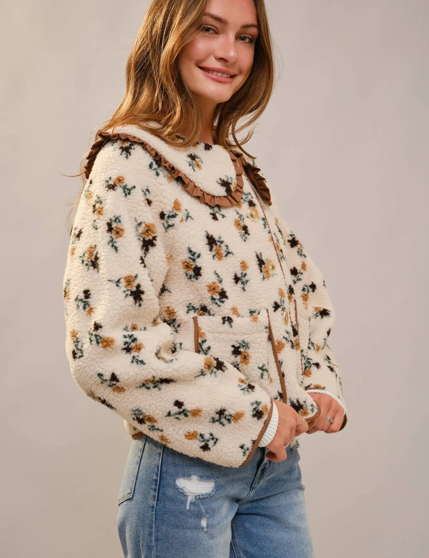 Floral Ruffle Western Sherpa Jacket - Bridle Up Hope Shop
