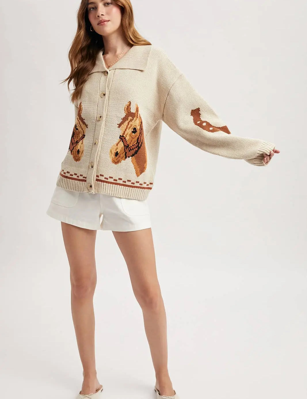 Horse & Horseshoe Button Cardigan (Cream) - Bridle Up Hope Shop
