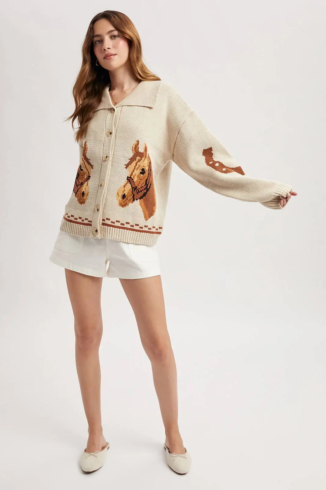 Horse & Horseshoe Button Cardigan (Cream) - Bridle Up Hope Shop