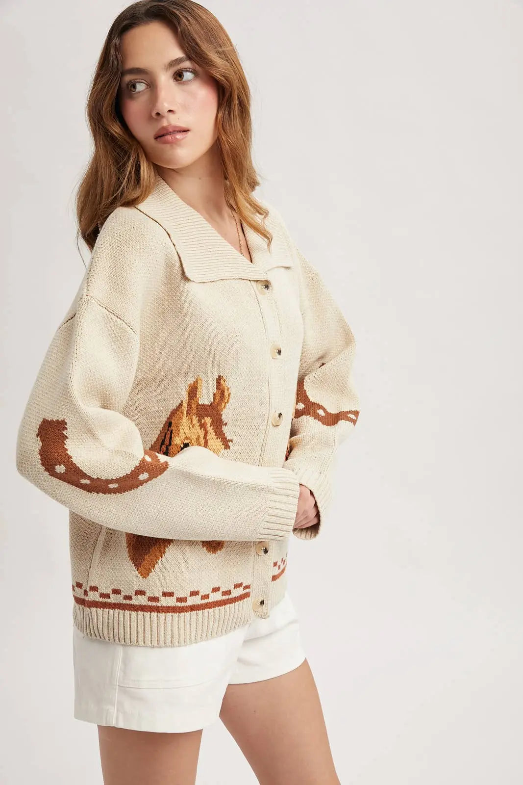 Horse & Horseshoe Button Cardigan (Cream) - Bridle Up Hope Shop