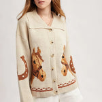 Horse & Horseshoe Button Cardigan (Cream) - Bridle Up Hope Shop