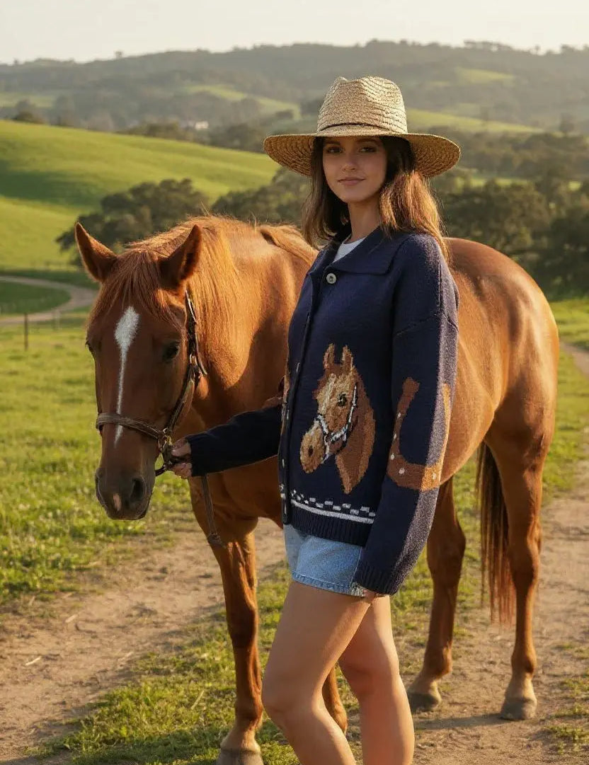 Horse & Horseshoe Button Cardigan (Navy) - Bridle Up Hope Shop