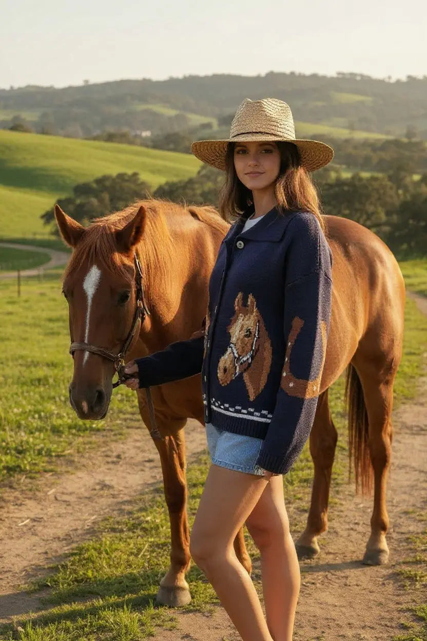 Horse & Horseshoe Button Cardigan (Navy) - Bridle Up Hope Shop