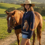 Horse & Horseshoe Button Cardigan (Navy) - Bridle Up Hope Shop